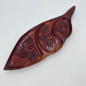 Hard Carved Monkeypod Freeform Wood Tray Leaf Shape Haiti Island 3 Sections